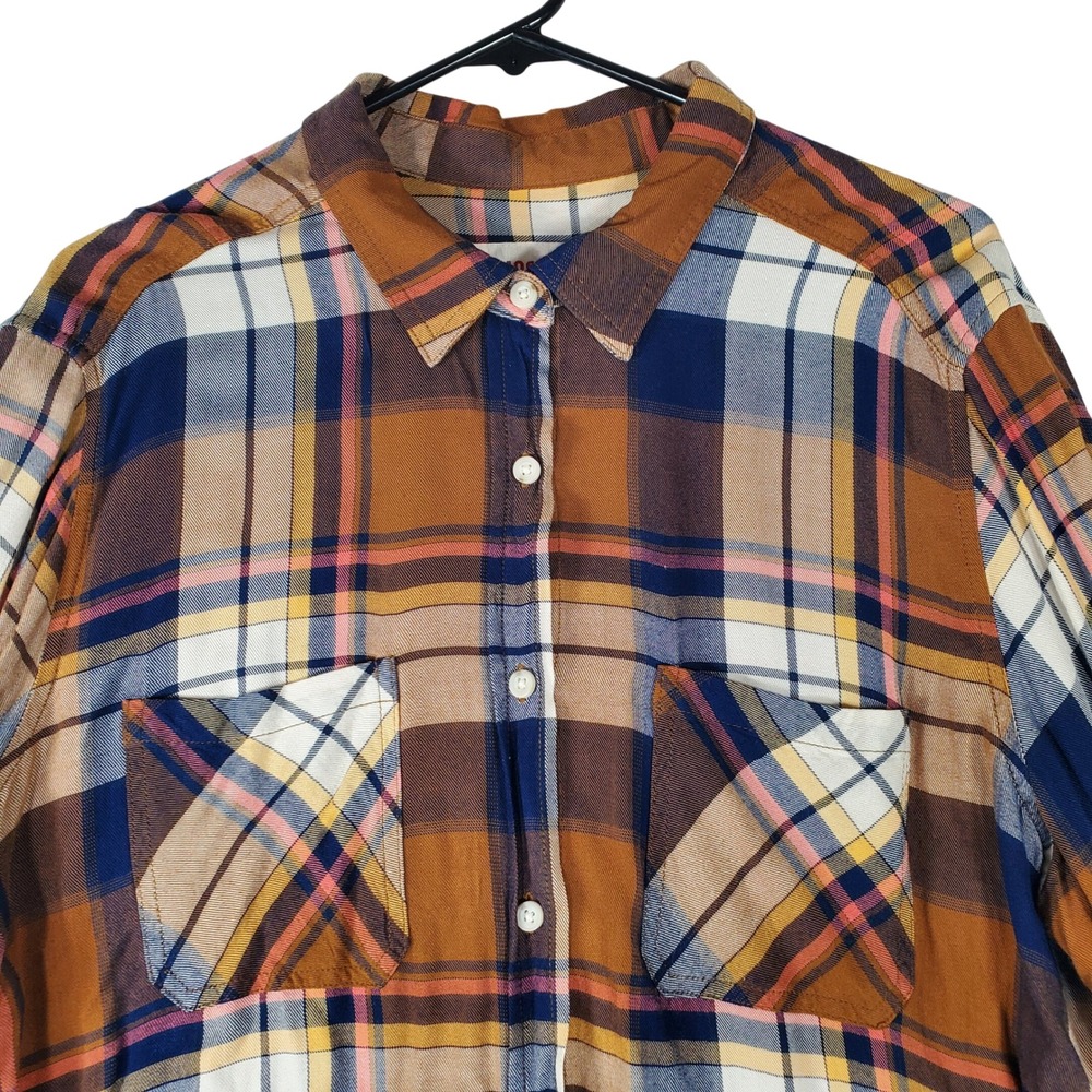 Mossimo Supply Co Womens XL Boyfriend Fit Plaid Button Down Shirt Brown Blue